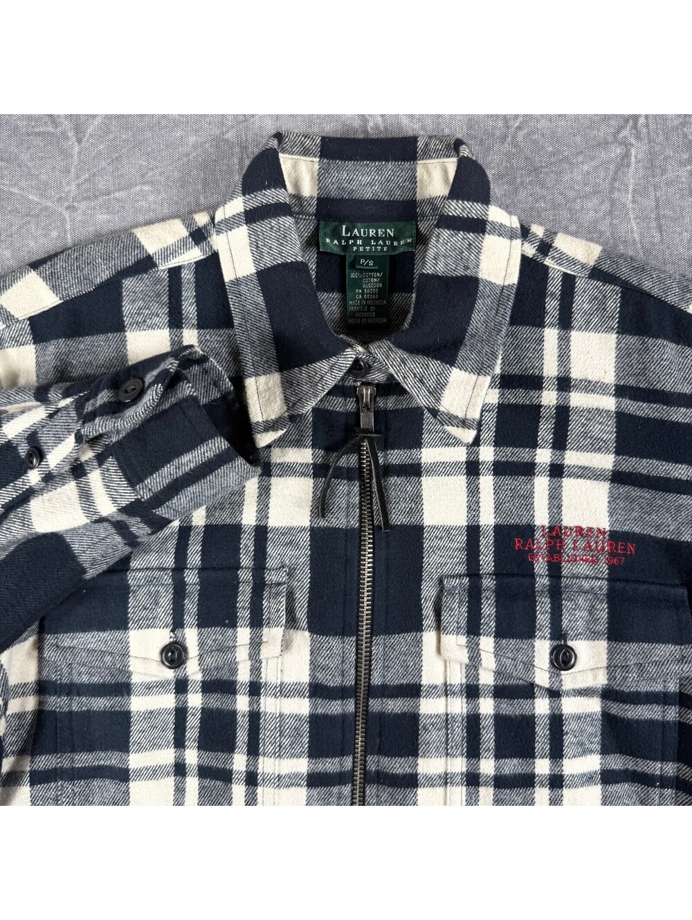 Ralph Lauren Shirt Women's S Black Plaid Zip Embroidery 90s